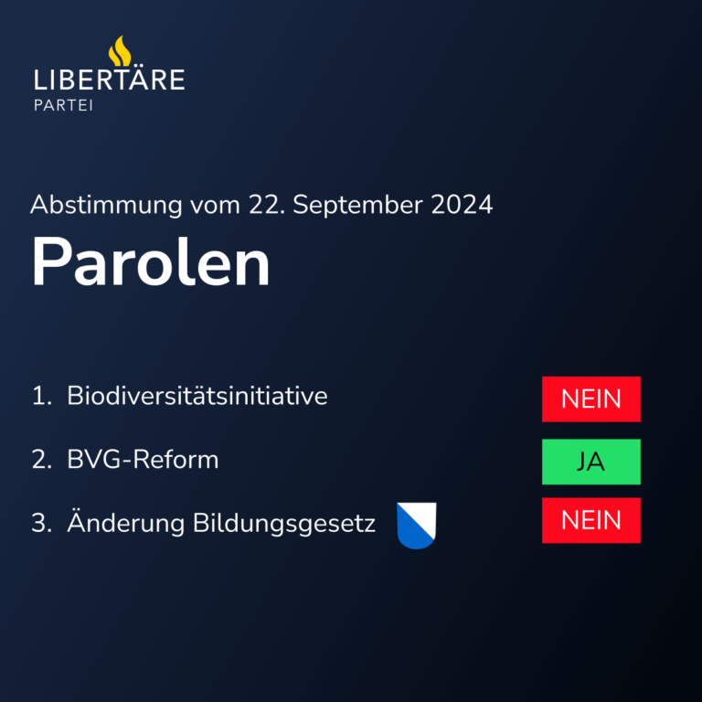 Parolen für die Abstimmungen vom 22. September 2024: "Ja" zur BVG-Reform, "Nein" zur Biodiversitätsinitiative, "Nein" zur kantonalzürcherischen Änderung des Bildungsgesetzes.